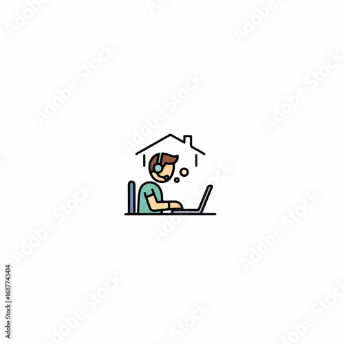 Man working at home on laptop, wearing headset, is focused on task. Depicts working at home concept with home icon above head. Illustration of working at home for digital marketing, blogs,