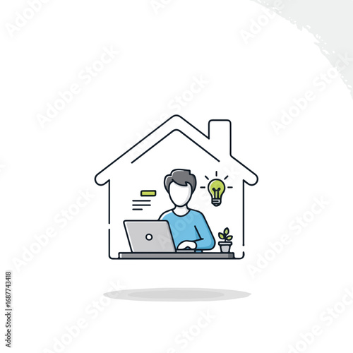 Illustration of working at home featuring a person with laptop inside house shape, working at home with idea lightbulb, flower and document icons.