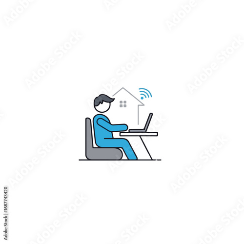 Working at home with laptop on desk. Illustration shows working at home in comfort. Idea working at home during the day for social media purposes, can be used by freelancers,