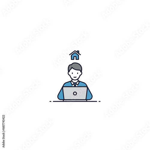 Working at home in a minimalist style, person uses laptop on desk, showing working at home office. Person is using computer for working at home concept during telecommuting.