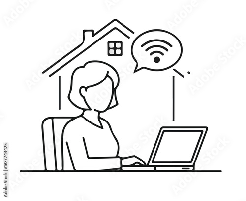 Working at home with laptop in minimalist drawing style. Working at home provides flexibility and comfort with access to network. Concept working at home offers balanced life with a modern design,
