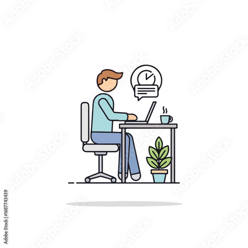 Conceptual illustration of working at home with man typing on laptop at desk. Working at home requires efficient time management, so consider message notification and coffee for energy.