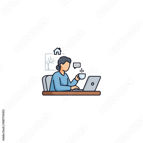 Working at home with laptop and coffee cup. Woman working at home, sitting at desk enjoying morning coffee, using laptop for work tasks and communication. Concept working at home is easy and flexible.