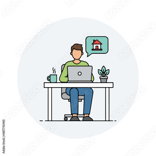 Working at home depicted in stylized line art shows man at desk with laptop, enjoying flexible arrangements. Working at home is increasingly common, shown by relaxed figure with coffee and plant.