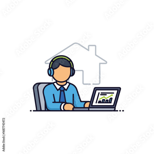 Man working at home depicted in simple illustration style on white background. Working at home scene includes headset, laptop, and business analytics chart.