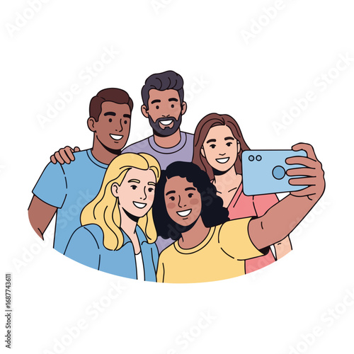 Friends selfie showcasing diverse group of young adults smiling, capturing memorable moment with smartphone, friends together. Digital image of friends taking selfie, social media content,