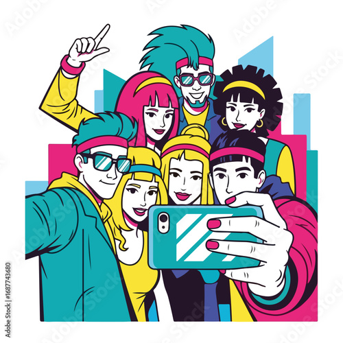Friends selfie with smartphone in vibrant 80s style. Happy friends group taking selfie photo together.  Stylish friends selfie concept for social media post, blog, or website.