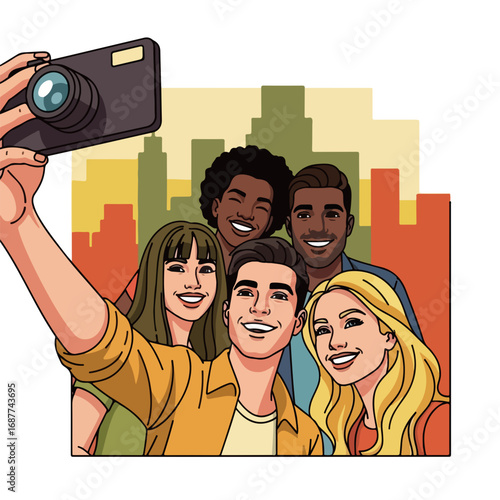 Friends selfie in city. Happy friends group taking selfie photo with camera. Smiling diverse friends group taking selfie photo for social media.