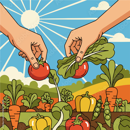 Hands picking fresh vegetables from garden. Two hands carefully select ripe tomatoes and lettuce.  Harvesting homegrown vegetables for healthy cooking.