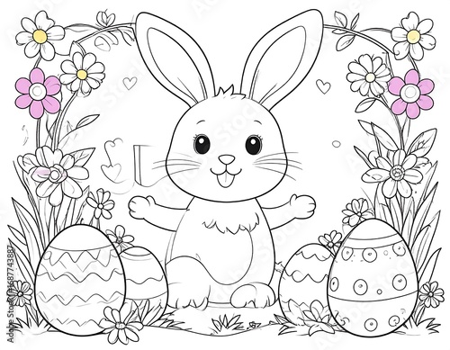 Cute bunny with eggs and flowers