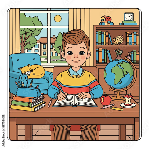 Homeschooling kid diligently studies at home desk. Homeschooling boy uses notebook and pen, surrounded by books and school supplies.