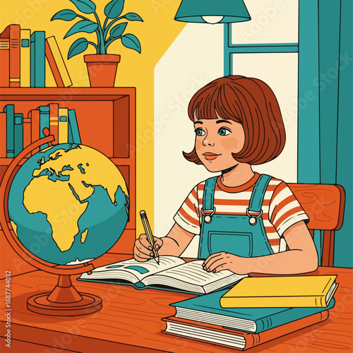 Homeschooling kid studies geography using globe and notebook. Homeschooling child learns about world with map and educational materials.