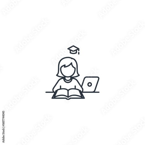 Homeschooling kid studying with book and laptop. Homeschooling child focused on learning.  Homeschooling education concept for online courses and educational websites.