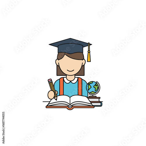 Homeschooling kid studying with books and globe. Homeschooling education includes books, pencil, and world map.  Homeschooling concept for educational websites and blogs.