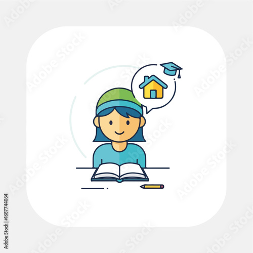 Homeschooling kid studies diligently, dreaming of future home and graduation. Homeschooling provides flexible learning environment.