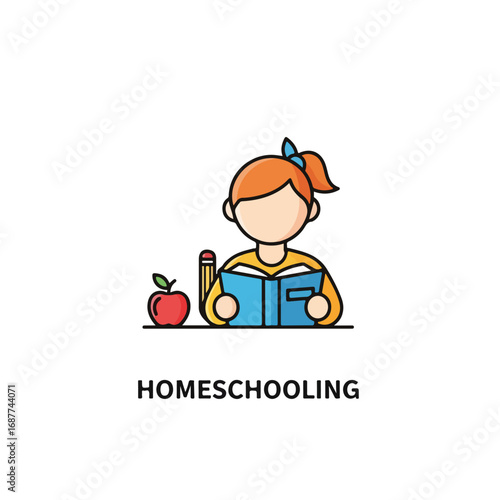Homeschooling kid reading book with apple and pencil. Homeschooling education includes learning at home with books and stationery. Homeschooling concept for educational resources and online courses.