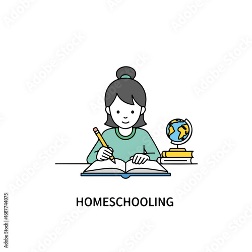 Homeschooling kid learning geography using textbook and globe. Homeschooling child studies at home using educational materials.  Homeschooling illustration perfect for educational websites or blogs.