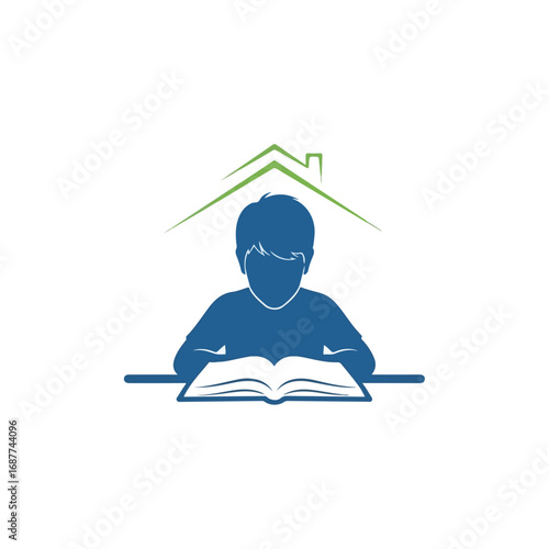 Homeschooling kid reading book at home. Homeschooling education includes diligent child studying textbook at desk.  Homeschooling concept for educational websites and online courses.