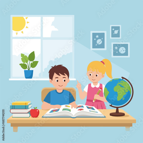 Homeschooling kid studies with friend, reading open textbook at wooden desk, near globe. Homeschooling kid learns geography with help and support.