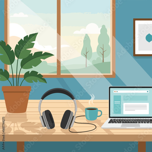 Headphones home on desk with laptop near window. Headphones bring comfort to remote work, along with a coffee cup and potted plant for extra inspiration.