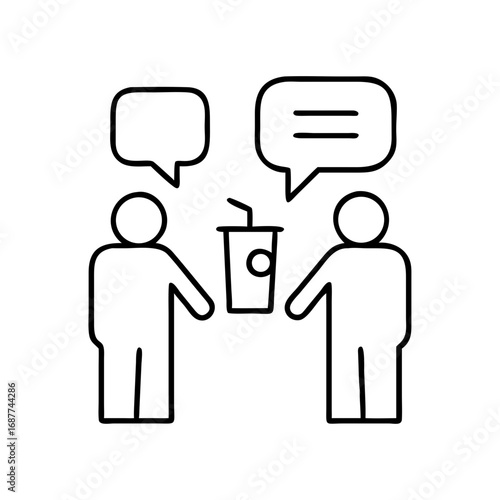 Two people chatting with a water cooler icon