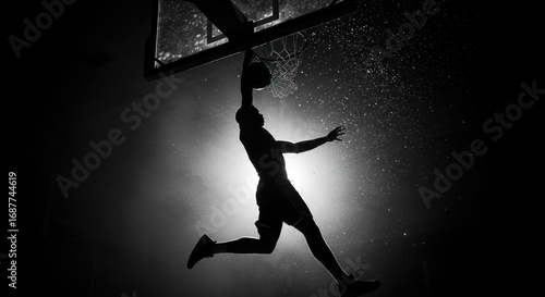 Silhouette of a basketball player in mid-air, dunking the ball against a dark background.