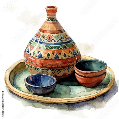 watercolor vector of Tagine, isolated on a white background.