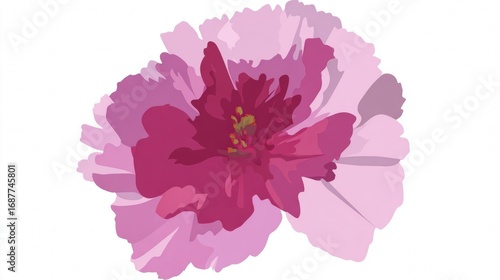 Close-up illustration of a vibrant pink multi-layered flower with a dark center and light petals.