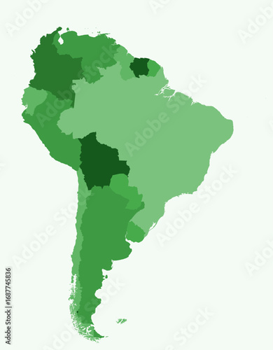 Map of South America with countries. Just a simple continent border map with country division. Green color palette. Flat South America shape with administrative division. Vector illustration.