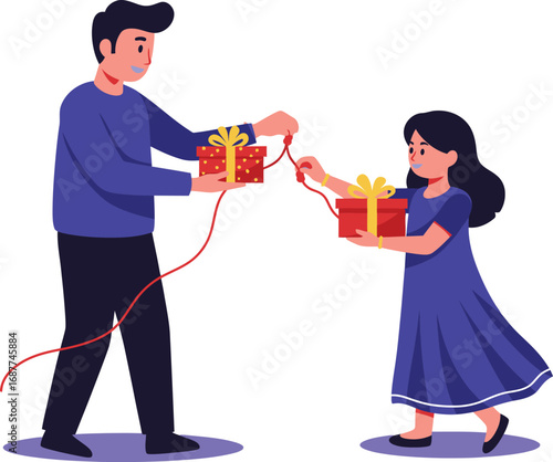Adorable cartoon illustration capturing the joyful exchange of gifts and love between a happy brother and sister celebrating their special bond on Raksha Bandhan festival.