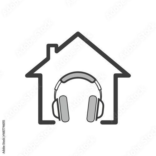 Headphones home depicted in minimalist style showcases listening comfort, headphones displayed inside house outline. Headphones inside home suggest comfortable audio experience.