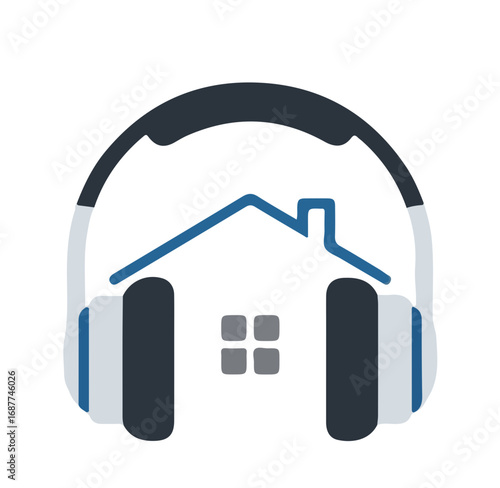 Headphones home in white background, logo home headphones, house wearing earphones for relaxing time. Headphones home on architecture, sound, and design.