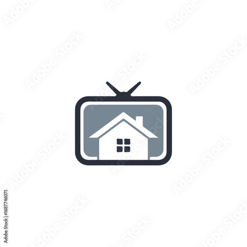 Laptop home broadcasting symbol featuring structure, with two antennas above retro television design. Laptop home office concept features silhouette dwelling inside vintage TV screen,