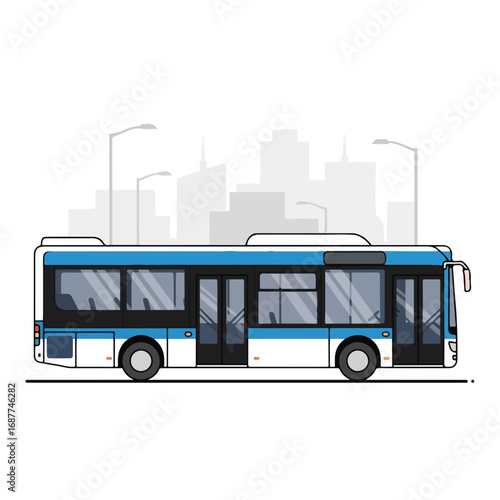 Illustrated urban bus driving past city buildings on light backdrop. Depiction includes city transport and public mobility in minimalist design.