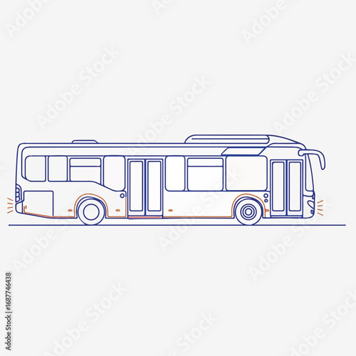 Urban bus side view in minimalist blue line art style on bright background. This urban bus presents clear and concise vehicle form, perfect for transportation design or transit illustrations.