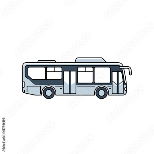 Depicting urban bus on white background, illustration of vehicle. Urban bus and its details displayed in flat design, including windows and tires. Use urban bus design for transportation projects.