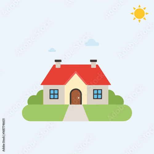 Cute house illustration displays simple dwelling with red roof and chimney. This cute house illustration features minimalist architecture, windows, door, pathway, and surrounding greenery.