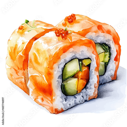 Sushi, watercolor clipart vector, isolated on a white background.