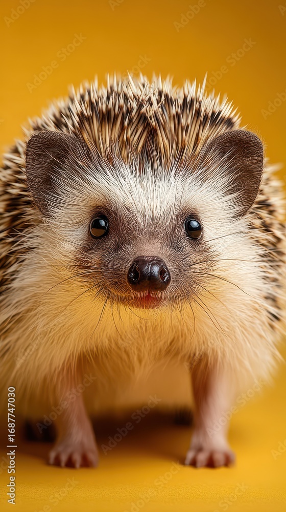 Fototapeta premium Hedgehog poses on a bright yellow background, showcasing its unique features and playful demeanor in early morning light