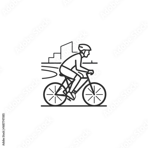 Urban cycling line art showing cyclist silhouette with modern buildings in background. Cyclist shows concept urban cycling, pedaling through cityscape in minimal design.