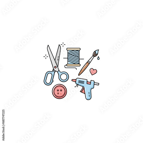 Display of diy crafts objects used for creative projects and handmade decorations. Diy crafts includes scissors, thread, brush, button, glue gun, and heart.
