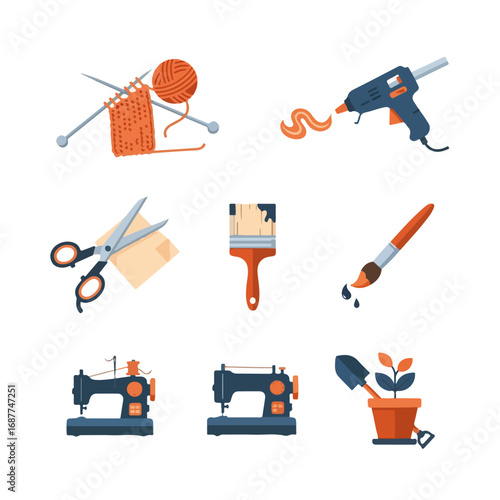 DIY crafts featuring sewing machines, knitting, paintbrushes, and glue guns displayed against white. DIY crafts involve creative projects made by hand with art supplies and sewing machines.