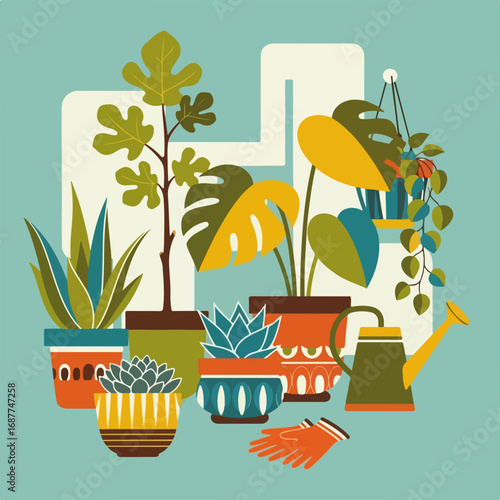 Home gardening plants in stylish pots and watering can.  Indoor plants collection includes succulents, aloe vera, monstera deliciosa, and fig tree.