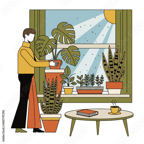 Indoor gardening setup with man tending to houseplants near window. Indoor gardening involves home care for monstera and snake plants, indoor gardening enhances tranquil lifestyle.