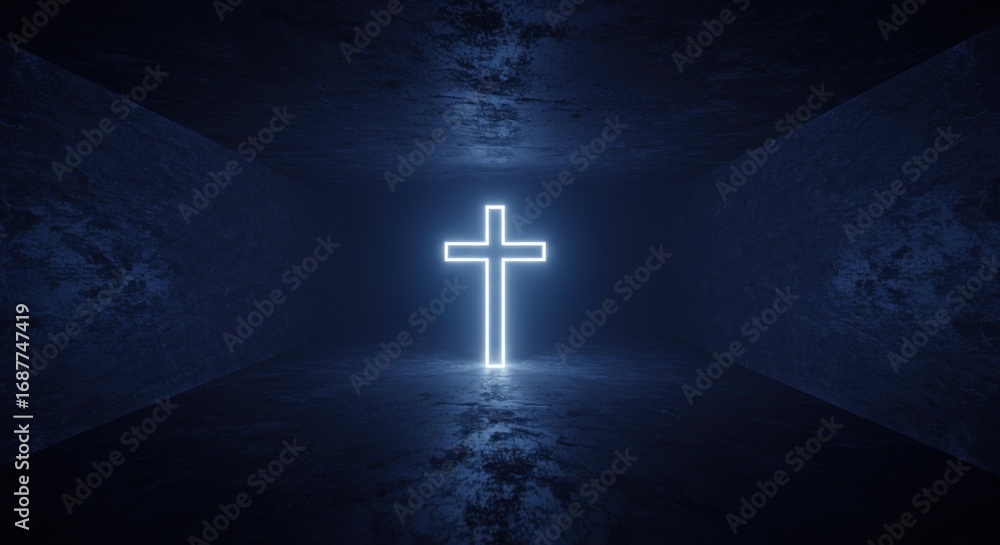 Naklejka premium A glowing neon cross stands centered in a dark, geometric space with textured walls.