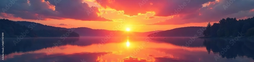 Fototapeta premium A vibrant sunrise over a tranquil lake, reflecting the new day's promise Perfect for themes of renewal, beginnings, and fresh starts Ideal for websites, blogs, and social media , scenic, peace