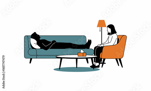 A minimalist illustration of a shadow figure patient on a couch during a psychotherapy session with a female therapist.