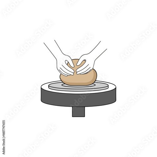 Pottery making with hands shaping clay on wheel, pottery making as craft art. Hands demonstrate pottery making, forming smooth surface on spinning wheel with concentration and skill.