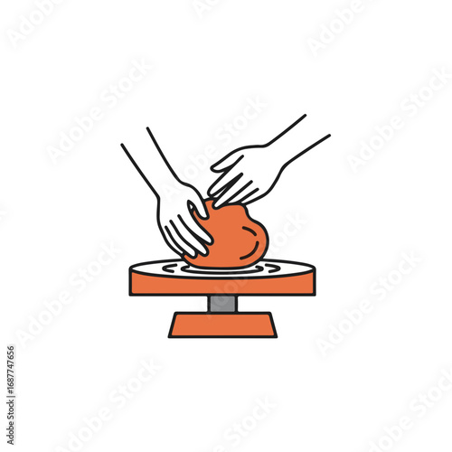 Demonstrating pottery making with clay and potter's wheel against white backdrop. Pottery making involves shaping clay using hands, requiring skilled craftsmanship and patience.