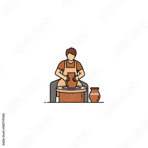 Pottery making illustration of person shaping clay on wheel, engaged in pottery making. Hands expertly molding earthenware in pottery making studio.